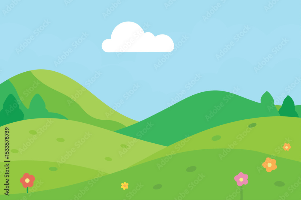 Fototapeta premium Vibrant summer landscape vector with green grass, blue sky, and majestic mountains under a sunny, cloudy view