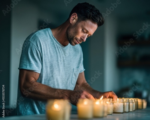 Modern man lighting candles during power outage in cozy kitchen, capturing human resourcefulness and calm adaptation in home safety and emergency preparedness