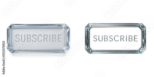 Elegant transparent subscribe button with sharp glass-like borders, light refraction, and subtle glow on clean background