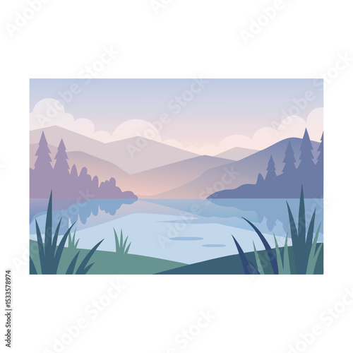 Mountain landscape at sunrise with mist and clouds