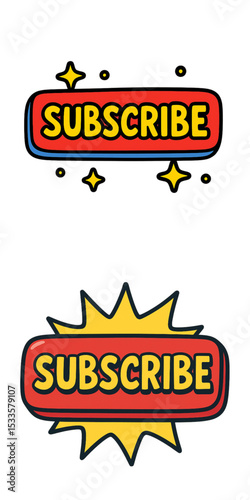 Playful 2D subscribe button in comic style with bold lines, red and yellow colors, and transparent background