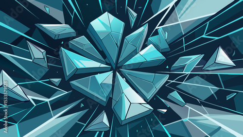 Abstract geometric crystal formation with vibrant blue and teal elements transparent design