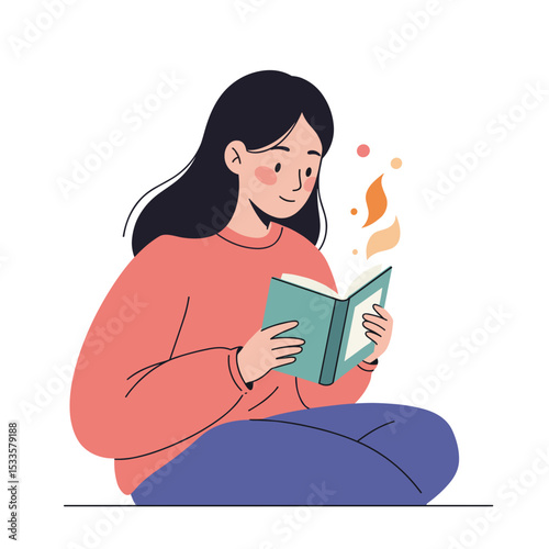 Teen girl reading fantasy novel while sitting on the floor 