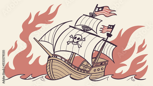 Illustration of a pirate ship sailing on water surrounded by flames with flags and skull on sails