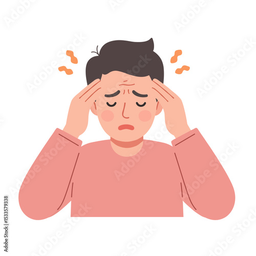 Man rubbing temples in stress with a pained expression in a simple style  