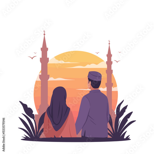 Muslim couple looking at sunset with minarets in the background  