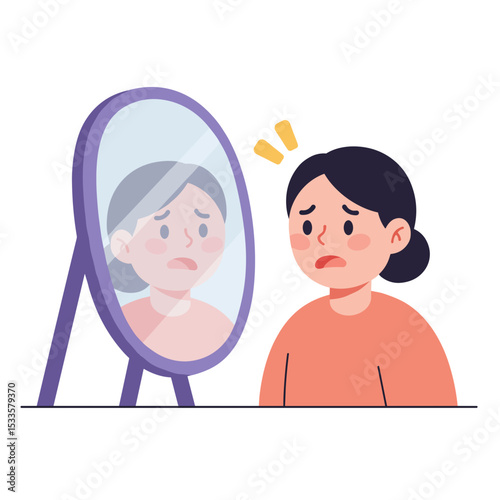 Young woman looking worried while staring into a mirror reflecting worried face  