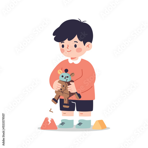 Child holding broken toy while standing on the floor at home  