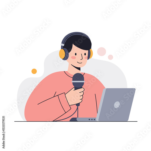 Blogger holding microphone for podcast while sitting at laptop  