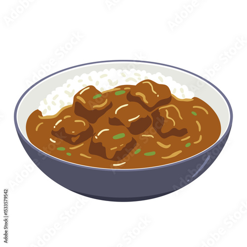 Beef curry with thick gravy served in a bowl with rice  