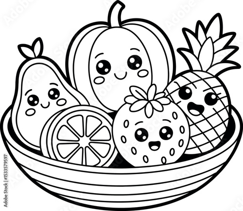 A basket of fruity friends! This adorable kawaii coloring page features a cheerful group of smiling fruits, including a pumpkin, pear, pineapple, strawberry, and orange slice, all nestled together.
