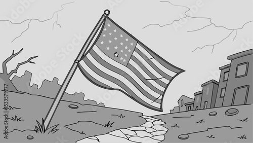 American flag waving in a desolate landscape with cracked sky and distant buildings in grayscale style