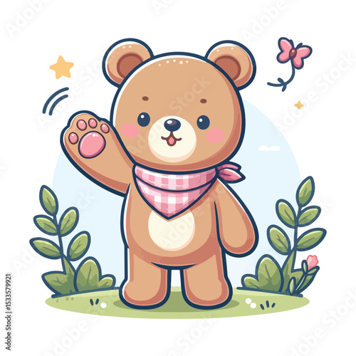 Cute brown bear waving hello in nature