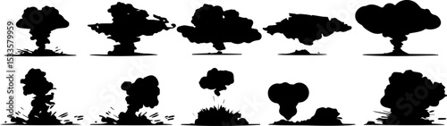 Diverse explosion silhouettes showcasing various shapes and sizes of blasts