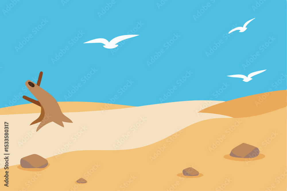 Fototapeta premium Tropical beach vector with birds flying over the ocean at sunset