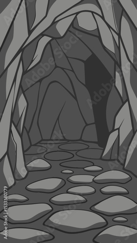 Cartoon cave interior illustration with stone floor and arched entrance for various projects