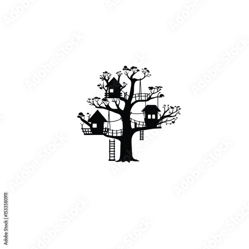 A silhouette of a treehouse village deep in the forest on white background