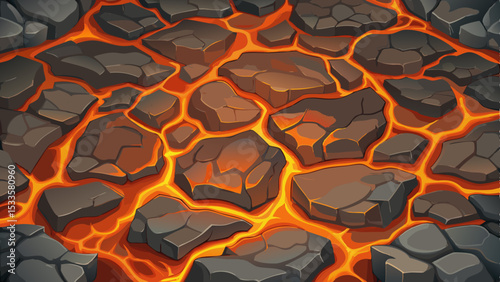 Cartoon illustration of molten lava flowing between volcanic rock formation