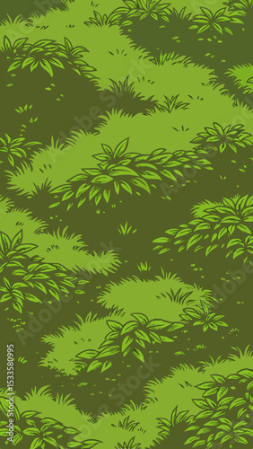 Cartoon illustration of lush green foliage and grass perfect for nature themed designs