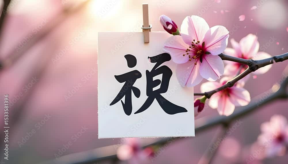Cherry Blossom Branch with Japanese Calligraphy [with peaceful mood] [representing spring and renewal] [against a blurred pink background]
