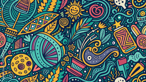 Colorful hand drawn abstract seamless pattern design on a transparent background