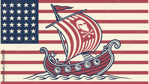American flag with viking ship sail featuring skull and crossbones on a striped background design image