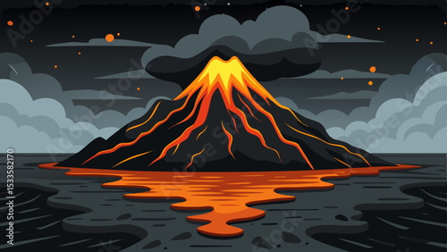 Erupting volcano illustration with lava flow and smoke on a transparent background
