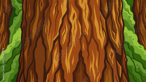 Hand drawn illustration of a forest tree trunk with surrounding greenery background