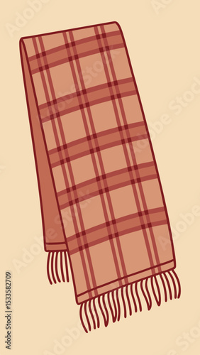 Illustrated vector graphic of a cozy plaid scarf with fringes in earthy tones