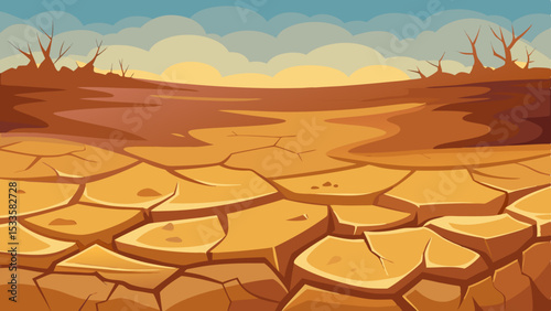Illustration of a cracked earth with sparse trees under a cloudy sky