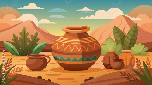 Illustration of pottery and landscape on a white background with beautiful colors
