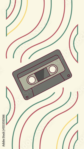 Retro cassette tape illustration with decorative lines and a clean beige backdrop
