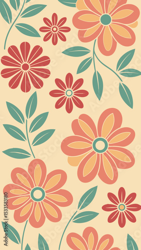 Retro floral pattern design with stylized flowers and green leaves arrangement