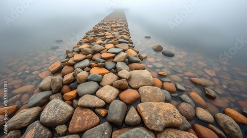 A misty path of smooth, multicolored stones extends into the fog, disappearing into the ethereal calm of a still, shallow lake