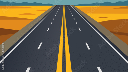 Vector illustration of a straight road leading through a desert landscape