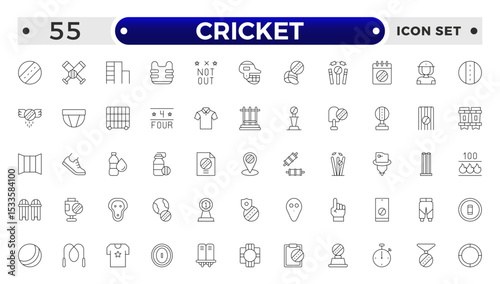 Cricket outline Icon Set. Bat, Ball, Wicket, Player & Match Vector Symbols Collection.