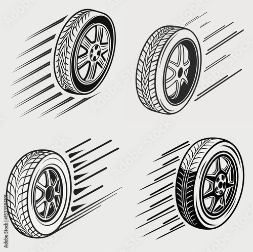 Monochrome car wheel illustration set with speed lines, dynamic automotive graphic elements
