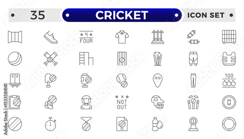 Cricket outline Icon Set. Bat, Ball, Wicket, Player & Match Vector Symbols Collection.