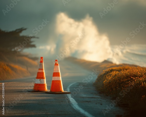 Coastal Road Erosion by Rising Sea Levels with Warning Cones and Waves Crashing - Environmental Crisis and Infrastructure Vulnerability