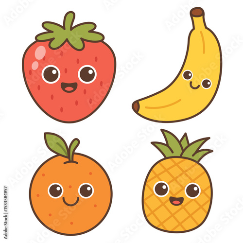 Cute Fruits Set Cartoon Vector Illustration, Strawberry, Banana, Orange And Pineapple