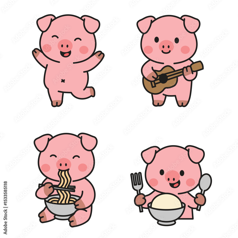 Cute Pig Cartoon Set Vector Illustration Cute Pig Cartoon Set Vector Illustration