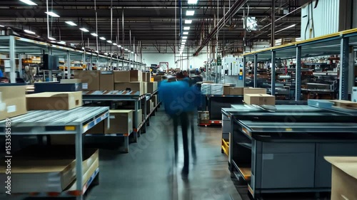 Busy workers engaged in productive activities within a bustling office section during a time lapse recording, Time lapse of busy workers in the office section of a warehouse or factory