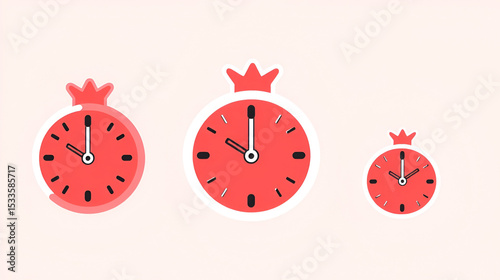 Minimalist clock icons, pomegranate-shaped clocks, stylized fruit timekeepers, line art fruit clocks, colorful outline timepieces, modern fruit-inspired watch designs, simplified pomegranate clocks, g