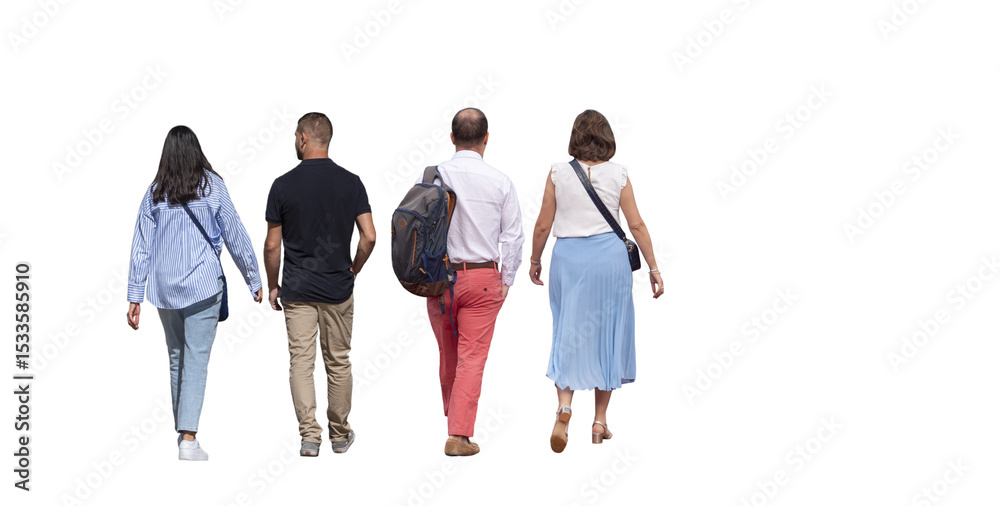 Fototapeta premium Deux couples en promenade,, vus de dos, moment de complicité, journée ensoleillée