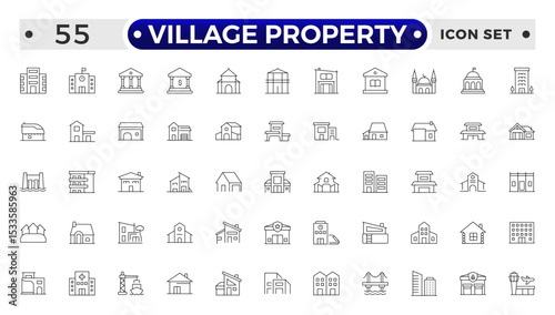 Village Property outline Icon Set. Stylish and professional icons designed for the real estate industry, perfect for enhancing property listings, websites, and marketing materials.