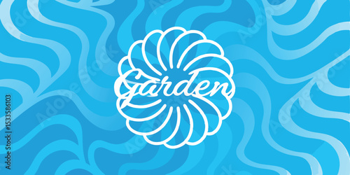 Garden logo with white floral design and the word garden on a blue wavy background pattern design
