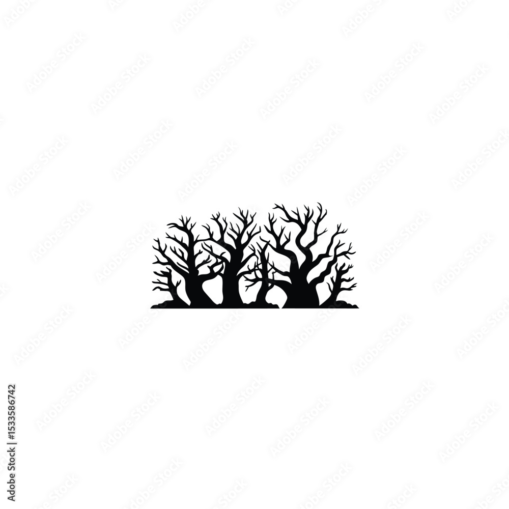 Fototapeta premium A silhouette of ancient, gnarled forest trees on white background