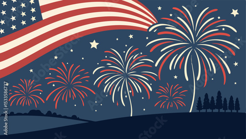 American flag with fireworks and stars against a dark blue sky celebrating independence day landscape