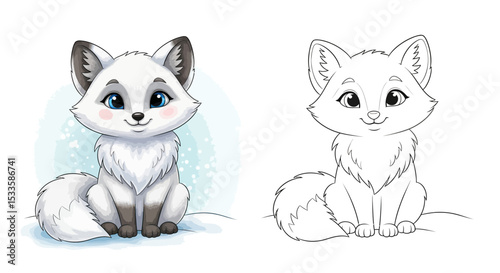 Cute Cartoon Arctic Fox Sitting Peacefully in Winter Snow Illustration
