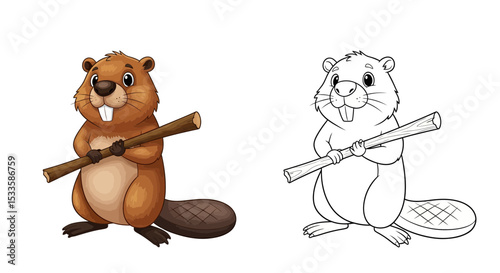Cute Cartoon Beaver Proudly Standing, Holding Wooden Stick, Buck Teeth
